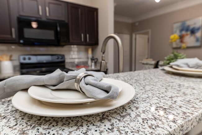 Kitchen with granite counters and modern cabinetry - The Indigo at Grissom
