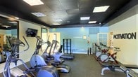 This fitness center offers a dedicated space for cardiovascular and general exercise, thoughtfully outfitted with a range of modern equipment. The room features multiple elliptical trainers, treadmills, and stationary bikes — including cycling-style spin bikes — providing users with diverse cardio options. The flooring is a dark, rubberized material well-suited for high-traffic gym use and equipment placement. The ceiling is finished in black with a grid tile system and flush-mounted fluorescent lighting panels that provide bright, even illumination throughout the space. The walls are painted in a soft blue-green tone, lending the room a calm and energizing ambiance. A wall-mounted flat-screen television is positioned for easy viewing during workouts. A modular shelving unit sits centrally along the back wall, offering convenient storage for accessories or personal items. Additional equipment and storage can be spotted toward the rear of the room, which also features a mirrored section to enhance the sense of space. Natural light filters in through windows, complementing the overhead lighting. The overall layout is open and functional, making efficient use of the available floor space while maintaining clear circulation paths between equipment.