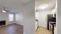 This single-floor residence offers a thoughtfully designed layout that balances open communal spaces with comfortable private areas. The living room serves as the heart of the home, featuring rich hardwood-style flooring, a ceiling fan, and a tiled fireplace flanked by two windows that allow natural light to fill the room. Adjacent to the living area is a dedicated dining space, defined by a classic pendant light overhead and matching hardwood-style flooring, with direct sightlines into the kitchen.

The galley-style kitchen is efficiently organized with white cabinetry, neutral countertops, and a full suite of stainless steel appliances including a refrigerator, dishwasher, microwave, and range. Light wood-tone flooring ties the space together and enhances the bright, clean aesthetic.

The bedrooms are carpeted for comfort and each includes a ceiling fan and generous closet space. One bedroom features sliding glass door access to an outdoor area, filling the room with additional natural light. The bathroom is clean and functional, complete with a vanity, toilet, and a full soaking tub and shower combination with tile surround. Throughout the residence, neutral gray walls and textured ceilings contribute to a cohesive, move-in-ready atmosphere.
