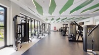 This contemporary fitness center is thoughtfully designed to support a full range of workout routines in a bright, spacious environment. The space is immediately distinguished by its striking ceiling treatment — geometric green acoustic panels interspersed with linear LED lighting create a visually dynamic overhead plane while managing sound throughout the facility.

The floor plan is organized into distinct functional zones. A dedicated cardio area lines one side of the space, featuring a row of treadmills and stationary bikes, each equipped with individual screens for entertainment. Large wall-mounted mirrors amplify the sense of openness and allow users to monitor their form. Adjacent to the cardio zone, a comprehensive strength training area houses cable machines, power racks with benches, and a full dumbbell rack, providing options for both free weight and machine-based training. A standout feature is the interactive boxing/training unit, adding a modern, tech-forward element to the workout options.

Floor-to-ceiling glass doors and windows along one wall flood the interior with natural light and open onto views of an outdoor courtyard, creating a seamless indoor-outdoor connection. The rubber flooring throughout provides both durability and comfort underfoot. A functional training corner offers medicine balls, stability equipment, step platforms, and additional accessories. The overall ambiance is clean, modern, and energizing.