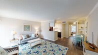 This single-story residence in Houston, TX (77062) offers a well-organized layout connecting the living, dining, kitchen, and bedroom areas in a cohesive flow. The living room is generously sized, featuring dark hardwood-style flooring, crown molding, and a textured ceiling. Large sliding glass doors and vertical blinds allow ample natural light to fill the space, while a dedicated entryway provides a welcoming transition into the home.

The galley-style kitchen is efficiently designed with white cabinetry, granite-style countertops, and black appliances including a refrigerator, range, microwave, and dishwasher. Track lighting overhead and a pass-through peninsula connect the kitchen visually to the living and dining areas.

The bedroom is a comfortable retreat with carpet flooring, a ceiling fan with light fixture, and multiple windows dressed with horizontal blinds that bring in natural light. A walk-in closet adds practical storage, and the room's neutral tones contribute to a calm atmosphere.

The full bathroom features a granite-topped vanity, a framed mirror, a tub/shower combination, and textured walls that lend a classic character to the space. Throughout the residence, the cohesive neutral palette and thoughtful design details create a practical and inviting environment.