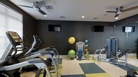 This fitness center is designed to support a wide range of workout routines in a focused and functional environment. The space is defined by bold, dark-painted walls that create an energizing atmosphere, complemented by recessed lighting and a ceiling fan that help maintain a comfortable workout climate. The flooring features a distinctive checkered pattern of yellow and green rubber tiles, providing both grip and cushioning underfoot.

The room is outfitted with a selection of cardio machines, including treadmills and elliptical trainers, positioned for easy use. A dedicated stretching and functional training area houses a rack stocked with various exercise balls — including stability balls in multiple sizes and medicine balls — along with rolled yoga mats, offering ample options for flexibility and core work. Additional strength and resistance equipment is visible along the perimeter of the room.

Two wall-mounted flat-screen televisions are strategically placed at opposite ends of the space, ensuring visibility from virtually any point in the room during a workout. The clean layout and practical design make this fitness center a fully functional facility suited for both cardiovascular and strength-based training.