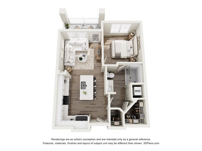 The Rhine, 1/1, 722 SF | Spacious apartment floor plan with a cozy bedroom, modern kitchen, stylish open living area, and a vibrant balcony view. - Integra Avalon