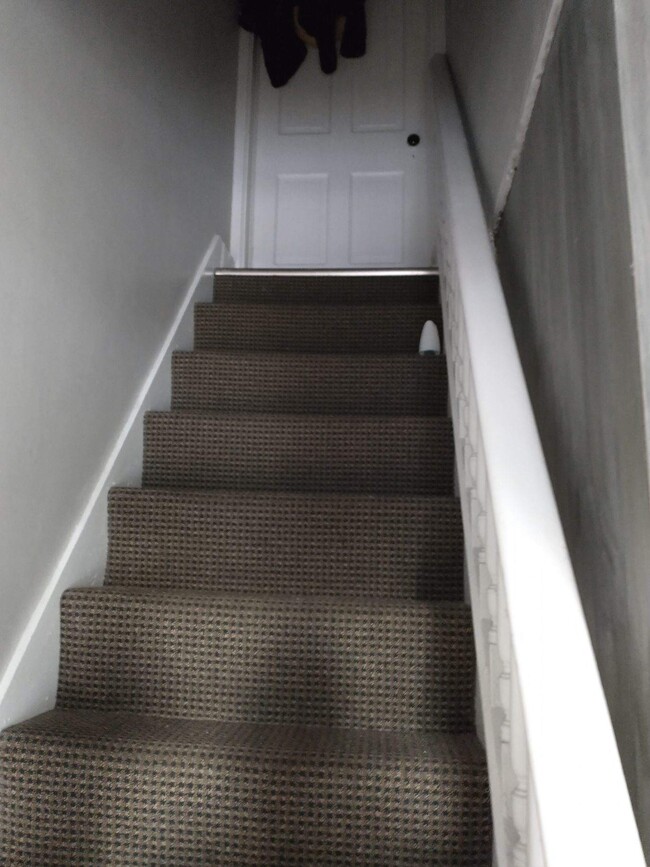 Interior stairs with a door at the top. - 22 N Green St
