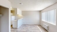 Located at 629 S Main St in Las Vegas, NV, this efficiently designed single-floor unit offers a well-organized layout comprising a kitchen and a full bathroom. The open living area features light-toned, wood-look vinyl flooring that runs throughout, contributing to a clean and cohesive aesthetic. A textured popcorn ceiling adds a classic finish, while neutral warm-gray walls keep the space feeling bright and open.

The kitchen is thoughtfully appointed with crisp white cabinetry, ample upper and lower cabinet storage, a single-basin sink, and a full-size white refrigerator. A peninsula-style breakfast bar extends into the main living area, providing additional counter space and a casual dining option while visually separating the kitchen from the living zone. An overhead cabinet above the bar adds extra storage.

The living area benefits from a large window dressed with vertical blinds, allowing natural light to fill the room. A wall-mounted HVAC unit provides climate control. The bedroom area includes a closet and matching wood-look flooring.

The bathroom is equipped with a full-size combination tub and shower unit featuring stainless steel safety grab bars and a standard showerhead, offering practical functionality. The overall design of the unit emphasizes simplicity, cleanliness, and efficient use of space in a central Las Vegas location.