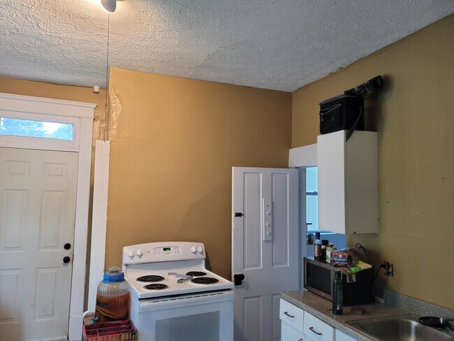 Kitchen towards back door to left and bath door to right - 157 Clinton St
