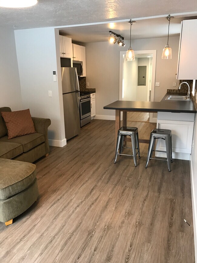 Open Plan Living Room, Kitchen and Back Hallway. Kitchen leads to a sunny mudroom/utility room with a stacking washer-dryer and new water heater. The second bedroom is also off this mudroom. - 1465 Northwest Ithaca Avenue