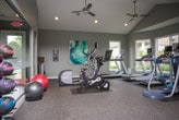 This single-floor fitness center is thoughtfully designed to accommodate a full range of workout routines across several distinct zones. The space is finished with durable rubber flooring throughout, providing both safety and functionality for exercise activities. Soft sage-green walls and recessed lighting create a clean, focused environment, while crown molding adds a polished architectural detail.

The cardio area features treadmills and an elliptical trainer positioned near large windows, allowing natural light to fill the space and offering outdoor views during workouts. Ceiling fans overhead contribute to comfort during more intensive sessions. The vaulted ceiling in this section enhances the sense of openness.

An adjoining strength and free-weight zone includes adjustable workout benches, a full kettlebell rack with color-coded weights, and a medicine ball tower. Large frameless mirrors line one wall, supporting proper form during exercises. Multiple wall-mounted flat-screen TVs are positioned throughout for entertainment.

Additional rooms accessible via glass-paneled doors provide supplementary workout space, visible from the main floor. Stability balls and other accessories round out the available equipment, making this a comprehensive, well-appointed fitness facility.