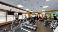 This fitness center offers a thorough and well-organized workout environment designed to accommodate a wide range of exercise needs. The space is spread across a single floor and is divided into distinct functional zones, each thoughtfully appointed with modern equipment. The cardio area is generously stocked with treadmills, elliptical trainers, stationary bikes, and stair climbers, several of which are branded by True Fitness, a recognized name in commercial gym equipment. Ceiling-mounted flat-screen televisions are positioned throughout, allowing exercisers to stay entertained during cardio sessions. A wall clock keeps time visible across the floor. The strength and free weights area features a full rack of dumbbells, kettlebells, medicine balls, stability balls, and weight plates, alongside benches and functional training stations. Full-length mirrors line the walls, enhancing the sense of openness and allowing for form checks during workouts. The flooring throughout consists of durable rubberized material suited to high-impact activity. Warm amber and teal accent walls lend the space a vibrant, energizing atmosphere. A curved bank of windows along one wall invites natural light and provides outdoor views, further brightening the interior. The drop ceiling with recessed panel lighting ensures consistent illumination throughout the facility.