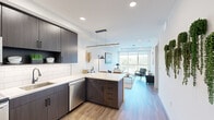 Located in Denver's vibrant 80211 neighborhood, this contemporary one-bedroom, one-bathroom residence offers a thoughtfully designed open-concept layout that maximizes every inch of its well-proportioned footprint. Light-toned hardwood-style flooring flows throughout the main living areas, complementing the clean, modern aesthetic.

The kitchen and living room share a seamlessly connected space, anchored by a central kitchen island with a crisp white countertop. Dark, wood-grain cabinetry lines the kitchen walls from floor to ceiling, paired with a classic white subway tile backsplash and a full suite of stainless steel appliances, including a refrigerator, range, microwave, and dishwasher. A sleek linear pendant light hangs above the island, adding a refined finishing touch.

The living area is bathed in natural light through a large picture window that frames treetop views of the surrounding Denver neighborhood, creating a bright and airy ambiance. Recessed lighting and a tray ceiling detail further elevate the space.

The bedroom is a calm retreat, featuring plush carpeting, a stylish sliding barn door, and a window that brings in additional natural light. The bathroom continues the modern design language with dark vanity cabinetry, a white countertop, matte black fixtures, a large mirror, and a combined tub and shower. A hallway connects all areas efficiently, completing this well-appointed residence.