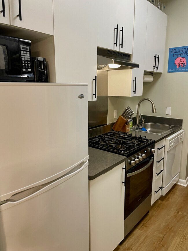 Renovated kitchen with a new stove, range hood, faucet, and cabinet handles. - 1300 N St NW