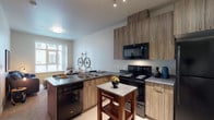 This single-floor residential unit offers a thoughtfully designed layout that balances functionality and modern style. The kitchen stands out as a central feature, equipped with a full suite of black Whirlpool appliances, including a top-freezer refrigerator, electric range with overhead microwave, and dishwasher. Warm wood-grain cabinetry extends floor to ceiling, providing generous storage, while grey countertops and light wood-look flooring complete the contemporary aesthetic. A freestanding kitchen island with a lower shelf adds flexible prep and dining space. The open sightlines connect the kitchen seamlessly to the living area, which features plush carpeting, neutral grey walls, and room for comfortable seating. A peninsula counter with bar-height seating bridges the two spaces. The bedroom is a calm and cozy retreat with soft carpeted floors, wall-mounted floating nightstands, and a dedicated closet with built-in shelving. Natural light filters in through a window, enhancing the relaxed atmosphere. The bathroom features a long vanity with an undermount sink, grey countertop, wood-toned cabinetry, and a shower-tub combination — all finished in a clean, understated palette. Throughout the unit, neutral tones and consistent modern finishes create a cohesive and inviting living environment.