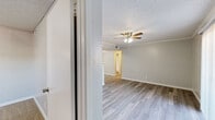 Located at 1800 FM 1092 Rd in Missouri City, TX, this single-story 2-bedroom, 2-bathroom unit offers a practical and comfortable layout across a well-utilized floor plan. The entrance leads into a bright living room featuring wood-look laminate flooring, crown molding, a textured ceiling, and a ceiling fan with light kit. A sliding glass door with vertical blinds fills the space with natural light and provides outdoor access. A pass-through counter connects the living area to the kitchen, which is equipped with black appliances including an electric range and refrigerator, white cabinetry, a stainless steel sink, and matching wood-look flooring. Both bedrooms are carpeted and include ceiling fans and dedicated closets. The primary bedroom is generously sized, while the second bedroom features a window with blinds that allows in natural light. Each bathroom includes a full tub-and-shower combination with white tile surround. Throughout the unit, neutral gray tones on the walls complement the light flooring, creating a clean and cohesive aesthetic. The layout is efficiently designed, with two closets providing ample storage to support everyday living.