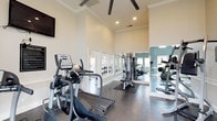 This fitness center offers a comprehensive workout environment designed with both functionality and aesthetic appeal in mind. The space is defined by soaring ceilings adorned with crown molding and a large ceiling fan, creating an open, airy atmosphere that enhances comfort during exercise. Recessed lighting complements the abundant natural light streaming through numerous double-hung windows, which frame views of the surrounding greenery and provide excellent ventilation throughout.

The flooring throughout is a durable speckled epoxy surface, practical for high-traffic fitness use while maintaining a clean, polished look. The cardio zone is well-appointed with elliptical trainers, treadmills, and a stationary recumbent bike, alongside a rowing machine for full-body conditioning. A dedicated strength training area features a multi-station cable machine and a rack of dumbbells, while a functional training section includes stability balls and a flat bench for stretching and core work.

Full-length mirrors line one wall, visually expanding the space and allowing users to monitor their form. A wall-mounted flat-screen television adds entertainment during workouts. The two-toned wall color — warm beige on one side and a muted steel blue on the other — lends the space a polished, modern character. French doors connect different zones, contributing to an open and accessible layout throughout this thoughtfully designed fitness facility.