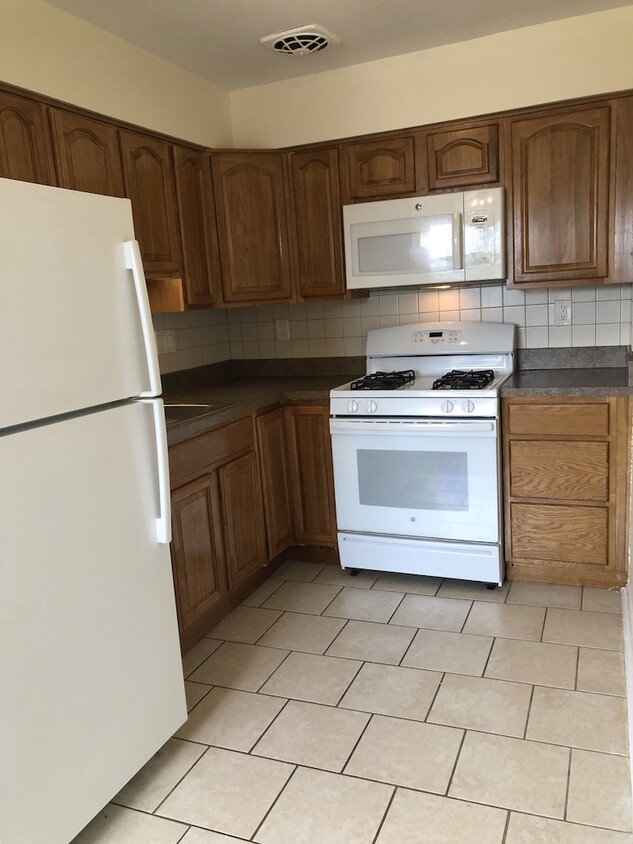 Kitchen with gas range, microwave and refrigerator. - 1725 Hoffnagle St