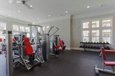 Located at 299 Harris Ln in Gallatin, Tennessee, this single-floor fitness center offers a spacious and thoughtfully designed workout facility. The space is bathed in natural light, courtesy of large, multi-pane windows lining the walls, which provide views of the surrounding community and create an open, airy atmosphere. Soft gray walls, crown molding, and recessed lighting lend a polished, upscale feel to the interior, while durable rubber flooring throughout supports heavy equipment use and provides comfort underfoot.

The cardio zone is prominently positioned along the windowed wall and features a row of Life Fitness treadmills and an elliptical stair climber, all equipped with individual digital screens. Adjacent to this area, additional elliptical cross-trainers offer further low-impact workout options. The strength training section is centrally located and includes a multi-station cable machine, a leg press, and a variety of selectorized weight machines. A dedicated free weights area offers a full rack of dumbbells alongside an adjustable bench, ideal for a range of exercises. Stability balls, medicine balls, and a ball rack round out the functional fitness offerings. Large mirrors are mounted along one wall, enhancing the sense of space and supporting proper form during workouts. A warm wood-framed glass door provides access between sections, adding a refined architectural detail to the overall design.