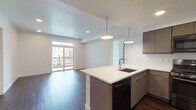 This single-floor residence showcases a thoughtfully designed open-concept layout connecting the kitchen and living area. The kitchen serves as a central feature, anchored by a large island with a white quartz countertop, undermount sink, and pendant lighting overhead. It is outfitted with dark stainless steel appliances, including a gas range, built-in microwave, French door refrigerator, and dishwasher. Flat-panel gray cabinetry lines the walls, providing ample storage. Rich dark hardwood flooring extends throughout the main living area, which receives natural light through a sliding glass door leading to a private balcony with views of the surrounding cityscape.

The bedrooms are carpeted and well-proportioned, each offering recessed lighting and access to generous walk-in closets equipped with double hanging rods and built-in shelving. Two bathrooms serve the unit; one features a glass-enclosed walk-in shower with white subway tile and black hexagon floor tile, while the second includes a soaking tub with a tiled surround and matching hexagon tile flooring. Both bathrooms are finished with modern floating vanities and clean white countertops, creating a cohesive, contemporary aesthetic throughout.