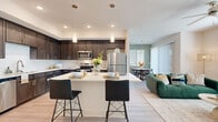 This thoughtfully designed 2-bedroom, 1-bathroom residence offers a cohesive open-concept layout that seamlessly connects the kitchen, dining, and living areas. The kitchen serves as the centerpiece of the home, boasting rich dark-wood cabinetry extending to the ceiling, stainless steel appliances, a white quartz countertop island with bar seating, and pendant lighting — a functional and visually striking space for cooking and entertaining. Light wood-style flooring runs throughout, enhancing the bright, airy feel of the home. The dining area features sage-green accent walls and abundant natural light from large windows and a sliding glass door that opens to an outdoor area. The living room is spacious and well-lit, with a ceiling fan and large windows that invite natural light. The generously sized primary bedroom includes a ceiling fan, sage-green walls, and a large window, while the second bedroom offers similar comfort with natural light and closet storage. The full bathroom features dark-wood vanity cabinetry, white quartz countertops, a walk-in shower with glass enclosure, and a large mirror. Two closets provide ample storage throughout the residence. The overall ambiance is modern, clean, and welcoming, with a cohesive neutral-and-green color palette.