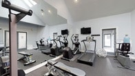 This single-level fitness space offers a thoughtfully designed environment for exercise and wellness. The room immediately draws attention with its dramatic vaulted ceilings, which lend an open, airy quality to the space and prevent it from feeling confined. Natural light filters in through skylights overhead, while recessed lighting provides additional illumination throughout the room.

The flooring consists of durable rubber gym matting in a dark speckled finish, offering both safety and functionality for a range of workout activities. A large floor-to-ceiling mirror spans one wall, visually expanding the space and allowing users to monitor their form during exercise.

The cardio zone is well-stocked with multiple elliptical cross-trainers, treadmills, and a stationary bike, all arranged to allow comfortable spacing between equipment. Two wall-mounted flat-screen televisions are positioned for easy viewing from the cardio machines, enhancing the workout experience. Free weight equipment, including a weight bench and a barbell plate rack, provide options for strength training. A coat hook rack near the entrance adds a practical touch. The overall ambiance is clean, modern, and functional, with a neutral grey and white palette throughout.