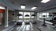 This fitness center is a thoughtfully designed single-floor space built to meet a range of exercise needs. The room is anchored by a row of three modern treadmills positioned facing a bank of windows fitted with white horizontal blinds, allowing generous natural light to fill the space throughout the day. Recessed skylight-style ceiling panels provide additional overhead illumination, ensuring consistently bright conditions for any workout. The flooring is a durable, speckled rubber surface well-suited for high-traffic athletic use and easy maintenance. The walls are finished in a cool gray tone, contributing to a clean and focused atmosphere. A large wall mirror along one side of the room enhances the sense of openness while allowing users to monitor their form during exercise. Framed artwork adds a subtle decorative touch without distracting from the functional purpose of the space. Additional equipment is visible toward the perimeter, suggesting the room accommodates both cardio and strength-training activities. Ventilation is supported by visible ceiling vents, keeping the environment comfortable during use. Overall, this fitness center offers a well-lit, organized, and fully functional environment suited for daily exercise routines.