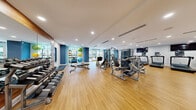 This spacious fitness center is thoughtfully designed to support a full range of workout routines. The interior features warm wood-look flooring throughout, crisp white ceilings with recessed lighting, and bold blue accent walls that lend the space a modern, energizing atmosphere. Large floor-to-ceiling windows along one end of the facility flood the interior with natural light and offer views to the outdoors, creating an open and inviting environment.

The cardio zone is well-appointed with a row of treadmills, elliptical trainers, and stationary bikes, each equipped with individual display screens. Wall-mounted flat-screen televisions are positioned above the cardio equipment for added convenience during workouts. The strength training area features a variety of Matrix-brand cable and resistance machines, a multi-station cable system, and a dedicated free weights section with a full rack of dumbbells set against a large wood-framed mirror wall, which enhances the sense of space. A functional training area includes a medicine ball storage rack with an assortment of stability and exercise balls, a stretch mat, and open floor space for bodyweight exercises. A built-in water fountain station and clearly marked exits ensure comfort and safety throughout the facility.