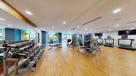 This spacious fitness center is thoughtfully designed to support a full range of workout routines. The interior features warm wood-look flooring throughout, crisp white ceilings with recessed lighting, and bold blue accent walls that lend the space a modern, energizing atmosphere. Large floor-to-ceiling windows along one end of the facility flood the interior with natural light and offer views to the outdoors, creating an open and inviting environment.

The cardio zone is well-appointed with a row of treadmills, elliptical trainers, and stationary bikes, each equipped with individual display screens. Wall-mounted flat-screen televisions are positioned above the cardio equipment for added convenience during workouts. The strength training area features a variety of Matrix-brand cable and resistance machines, a multi-station cable system, and a dedicated free weights section with a full rack of dumbbells set against a large wood-framed mirror wall, which enhances the sense of space. A functional training area includes a medicine ball storage rack with an assortment of stability and exercise balls, a stretch mat, and open floor space for bodyweight exercises. A built-in water fountain station and clearly marked exits ensure comfort and safety throughout the facility.