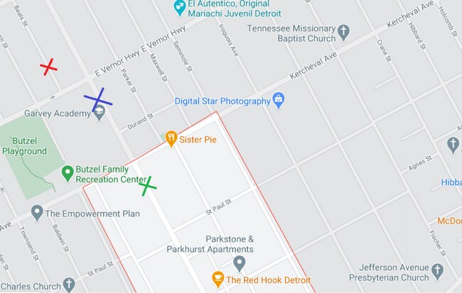 Red x: unit, red square: West Village, blue x: bus stop to downtown, green x: bus stop to Midtown - 2430 Beals St