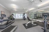 Located at 101 Montrose Ct in Dothan, Alabama, this fitness center offers a well-equipped exercise space designed to support a full range of workout routines. The room features a light neutral color palette, crown molding, and a textured ceiling, all contributing to a clean and functional atmosphere. Two ceiling fans provide steady air circulation throughout the space, complementing the flush fluorescent lighting overhead.

Natural light fills the room through a combination of large multi-pane windows and elegant French doors, the latter offering direct access to an outdoor pool area. A full-length wall mirror on one side of the room visually expands the space and serves as a practical aid during strength training exercises.

The fitness center is equipped with a diverse array of exercise equipment, including multiple treadmills, a stationary upright bike, a stair climber, and an elliptical machine for cardiovascular workouts. A multi-function cable resistance machine supports a wide variety of strength exercises, while a dumbbell rack stocked with a full set of free weights and an adjustable weight bench with a barbell provide dedicated strength training options. Protective rubber floor mats are positioned in the free weight area for safety and floor preservation.

A wall-mounted flat-screen television, a water cooler, and a posted workout information board round out the amenities, making this a comprehensive and convenient fitness facility.