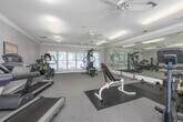 Located at 101 Montrose Ct in Dothan, Alabama, this fitness center offers a well-equipped exercise space designed to support a full range of workout routines. The room features a light neutral color palette, crown molding, and a textured ceiling, all contributing to a clean and functional atmosphere. Two ceiling fans provide steady air circulation throughout the space, complementing the flush fluorescent lighting overhead.

Natural light fills the room through a combination of large multi-pane windows and elegant French doors, the latter offering direct access to an outdoor pool area. A full-length wall mirror on one side of the room visually expands the space and serves as a practical aid during strength training exercises.

The fitness center is equipped with a diverse array of exercise equipment, including multiple treadmills, a stationary upright bike, a stair climber, and an elliptical machine for cardiovascular workouts. A multi-function cable resistance machine supports a wide variety of strength exercises, while a dumbbell rack stocked with a full set of free weights and an adjustable weight bench with a barbell provide dedicated strength training options. Protective rubber floor mats are positioned in the free weight area for safety and floor preservation.

A wall-mounted flat-screen television, a water cooler, and a posted workout information board round out the amenities, making this a comprehensive and convenient fitness facility.