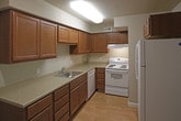 This single-floor space features a well-appointed kitchen that serves as a central highlight of the layout. The kitchen is outfitted with warm medium-toned wood cabinetry, offering generous upper and lower storage options arranged along the back wall in an efficient configuration. Light-colored countertops provide ample workspace, while a double basin sink is conveniently positioned beneath additional upper cabinets. A white dishwasher and a full-size refrigerator are included, contributing to the kitchen's practical functionality. Flush-mount ceiling lighting keeps the space well-illuminated, complementing the neutral, light-toned walls. The flooring throughout consists of light hardwood or wood-look planks, lending a clean and cohesive aesthetic to the open area adjoining the kitchen. The layout allows for flexible use of the adjacent space, whether as a dining area or additional living space. The overall ambiance is understated and functional, with a neutral palette and straightforward finishes that create a move-in-ready environment suited to a range of uses.