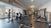 Located at 5101 S Rio Grande St in Littleton, Colorado, this well-appointed fitness center offers a comprehensive exercise environment designed to support a wide range of workout routines. The single-floor facility is anchored by a bold topographic-inspired mural that spans a prominent accent wall, lending the space a distinctly Colorado aesthetic and a dynamic visual backdrop.

The main workout floor is generously proportioned, featuring durable dark flooring throughout and a full array of True-brand cardio equipment, including treadmills, elliptical machines, and stationary bikes. A dedicated strength training section houses cable and multi-use weight machines, a dumbbell rack, and adjustable benches, providing ample options for resistance training.

A separate flex area is defined by large floor-to-ceiling mirrors that wrap around a curved corner, creating a bright, open zone ideal for stretching, yoga, or stability work with exercise balls and step platforms. An adjacent hydration station ensures convenient access for users between workouts.

Multiple wall-mounted televisions are positioned throughout the space for entertainment during cardio sessions. Large glass doors and windows along one wall invite abundant natural light and offer views of the surrounding outdoor area. Warm cluster light fixtures complement the recessed lighting overhead, creating a bright yet comfortable atmosphere throughout this well-equipped facility.