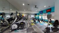 This fitness center in Spring, Texas, is a spacious, single-floor facility designed to support a comprehensive workout experience. The interior is immediately distinguished by its bold color scheme, featuring vivid teal accent walls accented with yellow horizontal bands, set against neutral gray tones throughout the remainder of the space. The eye-catching geometric hexagonal carpet tiles in gray, teal, and yellow add a dynamic, modern energy to the flooring throughout the facility.

The main workout area is generously proportioned, accommodating a diverse array of equipment arranged with ample space between stations. Cardio offerings include treadmills, elliptical trainers, a recumbent bike, and a dedicated row of indoor cycling bikes suited for spin-style workouts. A multi-function strength training machine, a weight bench, medicine balls, and stability balls round out the strength and functional training options.

Full-length mirrors along one wall visually expand the space and support form-checking during exercise. Multiple ceiling fans and recessed lighting ensure consistent airflow and visibility. Wall-mounted flat-screen televisions are positioned throughout the room. Large windows with exterior views bring in natural light and provide views of the surrounding community, including a pool area, enhancing the overall atmosphere of the facility.