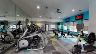This fitness center in Spring, Texas, is a spacious, single-floor facility designed to support a comprehensive workout experience. The interior is immediately distinguished by its bold color scheme, featuring vivid teal accent walls accented with yellow horizontal bands, set against neutral gray tones throughout the remainder of the space. The eye-catching geometric hexagonal carpet tiles in gray, teal, and yellow add a dynamic, modern energy to the flooring throughout the facility.

The main workout area is generously proportioned, accommodating a diverse array of equipment arranged with ample space between stations. Cardio offerings include treadmills, elliptical trainers, a recumbent bike, and a dedicated row of indoor cycling bikes suited for spin-style workouts. A multi-function strength training machine, a weight bench, medicine balls, and stability balls round out the strength and functional training options.

Full-length mirrors along one wall visually expand the space and support form-checking during exercise. Multiple ceiling fans and recessed lighting ensure consistent airflow and visibility. Wall-mounted flat-screen televisions are positioned throughout the room. Large windows with exterior views bring in natural light and provide views of the surrounding community, including a pool area, enhancing the overall atmosphere of the facility.