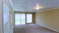 This single-floor space offers a comfortable and functional layout centered around a welcoming main living area. The room is finished with wall-to-wall carpeting in a neutral tone, providing a warm and cozy feel underfoot. A textured popcorn ceiling with crown molding trim adds a classic architectural detail, while a flush-mount ceiling light provides overhead illumination. The living area is bathed in natural light, courtesy of a large sliding glass door fitted with vertical blinds that opens directly to an outdoor patio area. A adjacent window further enhances the brightness of the room and offers views of a lush green outdoor space. The warm beige wall tones complement the neutral flooring and create a cohesive, understated palette throughout. White baseboards frame the perimeter of the room, adding a crisp finishing detail. The sliding glass door provides both practical access to the outdoors and a seamless visual connection to the surrounding greenery, making the space feel open and airy. Overall, the space presents a clean, well-lit, and straightforward layout suitable for a variety of living arrangements.