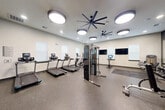 Located at 698 Basilica Bay Drive in Spring, TX, this fitness center offers a comprehensive exercise environment designed to support a wide range of workout routines. The single-floor space is thoughtfully organized into distinct functional zones, maximizing usability and flow throughout.

The cardio area is outfitted with multiple treadmills, elliptical trainers, a rowing machine, and a stationary spin bike, each positioned near windows fitted with blinds that allow for natural light control. Wall-mounted flat-screen TVs are positioned throughout for entertainment during workouts.

A dedicated strength training zone features a full dumbbell rack spanning a wide weight range, a multi-station cable machine, a weight bench with barbell setup, and additional resistance machines. A large floor-to-ceiling mirror along one wall enhances the sense of space and supports proper form during training.

Padded exercise mats on the floor define a stretching and functional fitness area, complemented by stability balls and additional free weights. Colorful artwork on the dark-accented walls adds a dynamic visual element to this section of the room.

The space features durable rubberized flooring throughout, recessed lighting, large circular overhead light fixtures, and oversized ceiling fans that ensure consistent air circulation. The clean, modern aesthetic and varied equipment selection make this fitness center a versatile destination for all fitness levels.