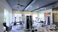 This fitness center offers a comprehensive workout environment designed with both functionality and aesthetics in mind. The space features a sophisticated ceiling design with dark exposed beams set against a cool grey backdrop, complemented by recessed lighting and multiple ceiling fans that ensure comfortable airflow throughout. Large windows along the walls invite abundant natural light and provide views of the surrounding landscape, creating an energizing atmosphere for exercise. The flooring consists of a multi-toned geometric carpet tile pattern in grey, white, and gold tones, adding a contemporary visual element to the space. The equipment selection is well-rounded, including multiple treadmills equipped with personal screens, elliptical cross-trainers, a cable resistance machine, and additional strength and conditioning equipment. The machines are arranged to allow ample space between stations, promoting ease of movement and a sense of openness. Mirrored walls on one side further enhance the sense of space while allowing users to monitor their form during workouts. Overall, the fitness center balances a modern, polished design with practical, high-quality amenities.