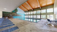 Located in Saint Paul, Minnesota, this spacious indoor pool facility offers a well-appointed aquatic and recreational environment across a generous single-floor layout. The centerpiece is a large lap pool with crystal-clear water, framed by expansive windows along one wall that flood the space with natural light and provide views of surrounding mature trees. The soaring vaulted ceiling, finished with warm wood paneling and supported by exposed beams, adds architectural character and a sense of openness to the interior. Green tile walls and stone column accents complement the natural aesthetic throughout. A striking full-wall nature mural depicting a lakeside wilderness scene with trees, rocky outcroppings, and water serves as a dramatic focal point at one end of the pool area. Ample poolside deck space accommodates rows of blue lounge chairs for relaxation. A charming stone-lined shower area with river rock walls adds a rustic, spa-like touch. Safety equipment is clearly posted and accessible. An adjacent fitness room is visible through interior windows, offering additional amenities. The facility is well-suited for both lap swimming and leisure, providing a comfortable and visually engaging environment for community use.