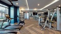 This fitness center offers a comprehensive workout environment thoughtfully designed across a single open floor plan. The space is divided into distinct functional zones, each catering to different training needs. The cardio area is positioned along a wall of floor-to-ceiling windows, allowing natural light to flood the space while providing views of palm trees and the surrounding outdoor environment. True-brand treadmills and elliptical machines with integrated display screens line this bright perimeter, complemented by ceiling fans overhead for added comfort.

The strength training zone occupies the interior of the space and features an extensive array of cable machines, selectorized equipment, and benches. Full-length mirrors along the walls enhance the sense of space and allow users to monitor their form. Overhead, a recessed tray ceiling with linear LED lighting adds a polished, modern aesthetic throughout.

A dedicated functional training area includes spin bikes, free weights, and accessories such as stability balls and resistance equipment. Built-in shelving provides organized storage. The herringbone-patterned carpet flooring ties the zones together cohesively. The overall ambiance is modern and motivating, combining bold navy accent walls with neutral finishes and abundant equipment to support a full range of fitness activities.