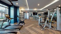 This fitness center offers a comprehensive workout environment thoughtfully designed across a single open floor plan. The space is divided into distinct functional zones, each catering to different training needs. The cardio area is positioned along a wall of floor-to-ceiling windows, allowing natural light to flood the space while providing views of palm trees and the surrounding outdoor environment. True-brand treadmills and elliptical machines with integrated display screens line this bright perimeter, complemented by ceiling fans overhead for added comfort.

The strength training zone occupies the interior of the space and features an extensive array of cable machines, selectorized equipment, and benches. Full-length mirrors along the walls enhance the sense of space and allow users to monitor their form. Overhead, a recessed tray ceiling with linear LED lighting adds a polished, modern aesthetic throughout.

A dedicated functional training area includes spin bikes, free weights, and accessories such as stability balls and resistance equipment. Built-in shelving provides organized storage. The herringbone-patterned carpet flooring ties the zones together cohesively. The overall ambiance is modern and motivating, combining bold navy accent walls with neutral finishes and abundant equipment to support a full range of fitness activities.