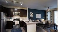 This single-floor space showcases a thoughtfully designed open-concept layout that seamlessly connects the kitchen and living area. The kitchen is equipped with stainless steel appliances, including a range, microwave, and dishwasher, all complemented by rich dark cabinetry and light granite countertops. A peninsula with a double sink serves as both a functional workspace and a natural dividing point between the kitchen and the living space, making it ideal for entertaining. A classic subway tile backsplash adds a clean, polished look to the kitchen walls. Track lighting overhead ensures the kitchen is well-lit and functional. The living area makes a strong visual statement with a deep teal accent wall that anchors the space, providing a bold contrast to the neutral tones throughout. Decorative circular mirrors and curated wall art add personality and depth to the room. The living area is furnished with a comfortable sectional sofa accented with gold and navy throw pillows, sitting atop a geometric patterned rug over dark hardwood-style flooring. Together, the spaces create a cohesive, modern ambiance that balances style with everyday functionality.