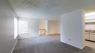 This single-floor space presents an open, unfurnished layout with a clean, neutral aesthetic throughout. The living area is finished with wall-to-wall grey carpeting, providing a soft, comfortable underfoot feel that extends across the expansive open floor plan. The walls are painted in a crisp, bright white, contributing to a light and airy atmosphere, while a window along one wall allows natural light to filter into the space, enhancing its openness.

The ceiling features a classic textured popcorn finish with recessed lighting integrated throughout, providing functional illumination across the space. A partial wall divides the interior, creating a sense of distinct zones while maintaining an overall open feel. A standout architectural detail is the wooden staircase railing, visible at the far end of the space, indicating access to a lower level. The warm tone of the natural wood balustrade provides a subtle contrast against the neutral palette of the surrounding walls and flooring.

Overall, the space offers a blank canvas with a well-maintained interior, making it highly adaptable for a variety of furnishing and design configurations.