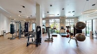 Located at 100 Boucle Jeanne Circle in Maitland, Florida, this contemporary fitness center offers an expansive, single-level layout designed to accommodate a full range of workout needs. The space is defined by its striking architectural details, including a dramatic array of circular ring pendant lights suspended from the ceiling, which create a modern, upscale ambiance throughout. Light hardwood flooring runs seamlessly across the entire floor, contributing to a clean and cohesive aesthetic.

The main fitness floor is generously sized and thoughtfully organized, housing a comprehensive selection of commercial-grade equipment. Cardio machines — including treadmills, ellipticals, and rowing machines — are positioned along the perimeter near floor-to-ceiling windows, flooding the area with natural light and offering outdoor views of the surrounding greenery. The strength training zone features multiple cable and resistance machines, free weights, medicine balls, and a punching bag, catering to diverse training styles.

A dedicated studio space with a slatted wood ceiling and glass partition walls provides a separate area for spin bikes, yoga, and group fitness activities, with a large display screen and mirrored wall enhancing the experience. A built-in refreshment and amenity station with shelving and a mini refrigerator adds a convenient finishing touch to this well-appointed facility.