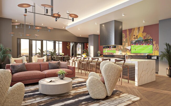 Salón en la azotea con cocina de demostración, comedor privado, asientos cómodos y vistas panorámicas. - Modera Reserve