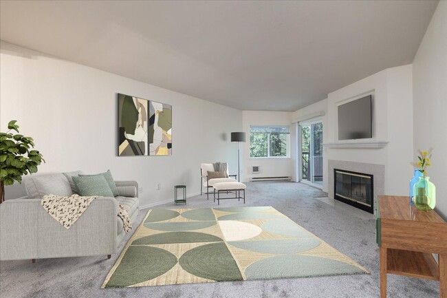 Large, open living room with woodburning fireplace and sliding door to patio - 8720 SW Tualatin Rd