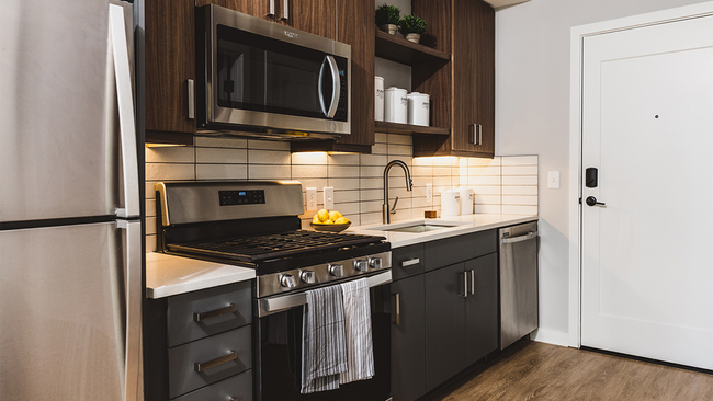 Kitchens with stainless steel appliances and custom cabinetry with chrome pulls - Modera Reynoldstown