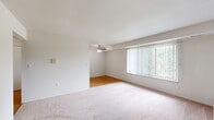 Located at 4575 Turner St in Trenton, Michigan, this single-floor, three-bedroom, one-bathroom unit offers a straightforward and functional layout. The floor plan connects the rooms via two hallways, creating a logical flow throughout the space.

The living area features light carpeting and a ceiling fan, alongside a large window dressed with vertical blinds that allows generous natural light to fill the room. The flooring transitions to a hardwood-style surface in the connecting hallway and common areas, adding a clean contrast to the neutral, white-toned walls throughout.

The generously sized primary bedroom is the standout room, offering substantial floor space with soft carpeting, a large window with outdoor views, and access to a dedicated closet. The two additional bedrooms are similarly finished with carpet and vertical-blind windows that bring in natural light, each providing comfortable, versatile space.

The full bathroom is cleanly appointed, featuring a tiled shower-tub combination, a toilet, and neutral tile flooring with brushed nickel hardware and accessory bars throughout.

A dedicated closet with dual shelving on both sides offers practical storage capacity. The overall aesthetic of the unit is clean, neutral, and move-in ready, making it a functional and accessible home in Trenton, MI.