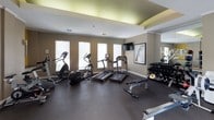 This fitness center is organized across a single level and divided into distinct workout zones, offering a comprehensive range of equipment for various training styles. The cardio area features multiple treadmills and elliptical trainers arranged in a row along a wall of windows fitted with horizontal blinds, allowing ample natural light to fill the space. A wall-mounted flat-screen television is positioned for easy viewing during cardio sessions, and framed fitness-themed artwork adds visual interest to the neutral taupe walls trimmed with white crown molding.

The strength and functional training zone is anchored by a multi-station cable machine, free-weight bench, and a rack of dumbbells displayed along a mirrored wall. Stability and medicine balls are neatly organized on a vertical rack near French doors that open to an outdoor area, enhancing ventilation and connectivity to the exterior. Stationary bikes and additional elliptical trainers round out the equipment selection.

A distinctive tray ceiling with subtle ambient uplighting adds architectural character to the main training room. Dark rubber flooring throughout provides durability and shock absorption. The overall ambiance is clean, functional, and well-lit, creating an inviting environment suited for a full range of fitness activities.