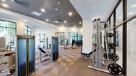 This modern fitness center offers a thoughtfully designed, single-floor workout facility that provides ample space for a comprehensive exercise experience. The interior is defined by crisp white walls accented by a bold dark-painted ceiling in the central zone, creating a dynamic visual contrast. Recessed lighting and ceiling fans throughout ensure a bright and comfortable environment during workouts.

The facility is outfitted with a full suite of Matrix-brand strength training machines, adjustable benches, a cable crossover system, a dumbbell rack, and a variety of free weights. Stability balls and kettlebells are also available, supporting functional and accessory training. The floor features a distinctive geometric, diamond-patterned carpet that adds texture and visual interest to the space.

Large floor-to-ceiling windows and glass-panel framed doors line one side of the facility, flooding the space with natural light and offering views of an outdoor courtyard and pool area. Mirrored walls further amplify the sense of openness and allow users to monitor their form during exercise. The entry is marked by sleek black-framed glass partition doors, adding a refined, contemporary aesthetic. Overall, the fitness center balances functionality with modern design, creating an inviting and well-appointed environment for a full range of strength and fitness training activities.