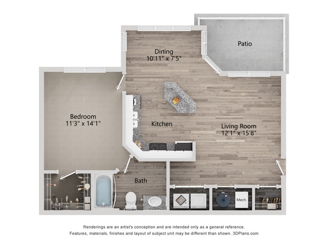 A3_1Bed_1Bath_825 pies cuadrados - The Quarry Apartments