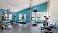This fitness center is a compact yet fully functional workout facility designed to support a range of exercise routines. The space features a striking design highlighted by bold teal accent walls that energize the environment, contrasting with neutral white ceilings and walls on the opposing side. Vaulted ceilings add a sense of openness, while track lighting illuminates the entire floor effectively.

Natural light flows in through a row of large windows along the teal wall, offering outdoor views and a bright, motivating atmosphere. The rubber flooring throughout provides durability and safety for all types of exercise.

The cardio zone includes multiple treadmills and an elliptical trainer, accompanied by a wall-mounted flat-screen television for entertainment during workouts. A standing scale is conveniently positioned nearby. The strength training area is well-appointed with a multi-function cable machine, a power rack with weight plates, a dumbbell rack stocked with various weights, and adjustable benches. An exposed blue HVAC duct adds an industrial accent to one section of the space.

A mirrored wall in the strength area enhances the sense of space and allows for proper form checks. The facility includes two access doors and is equipped with a fire safety system, ensuring both convenience and safety for all users.